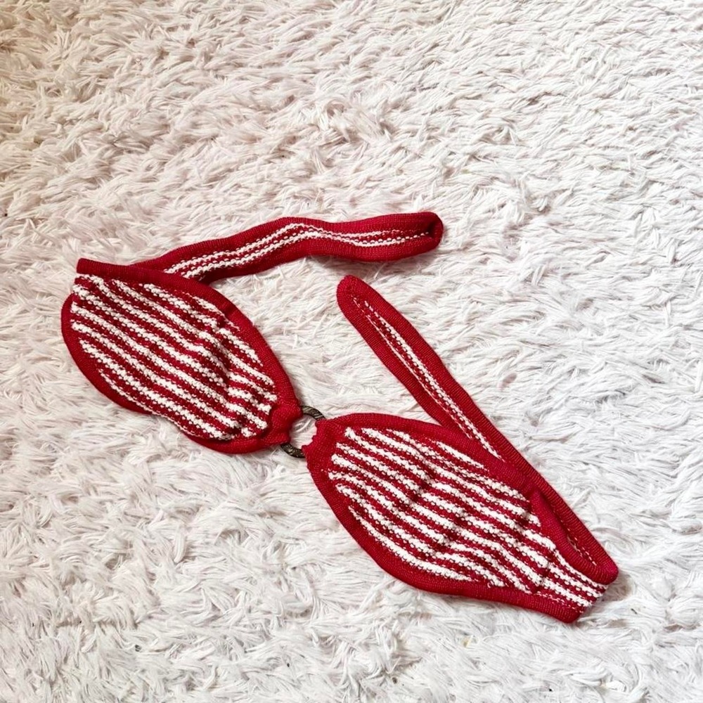Red Striped Marigold Crotchet Boho Sailor Strapless Bandeau Swim Top Womens XS